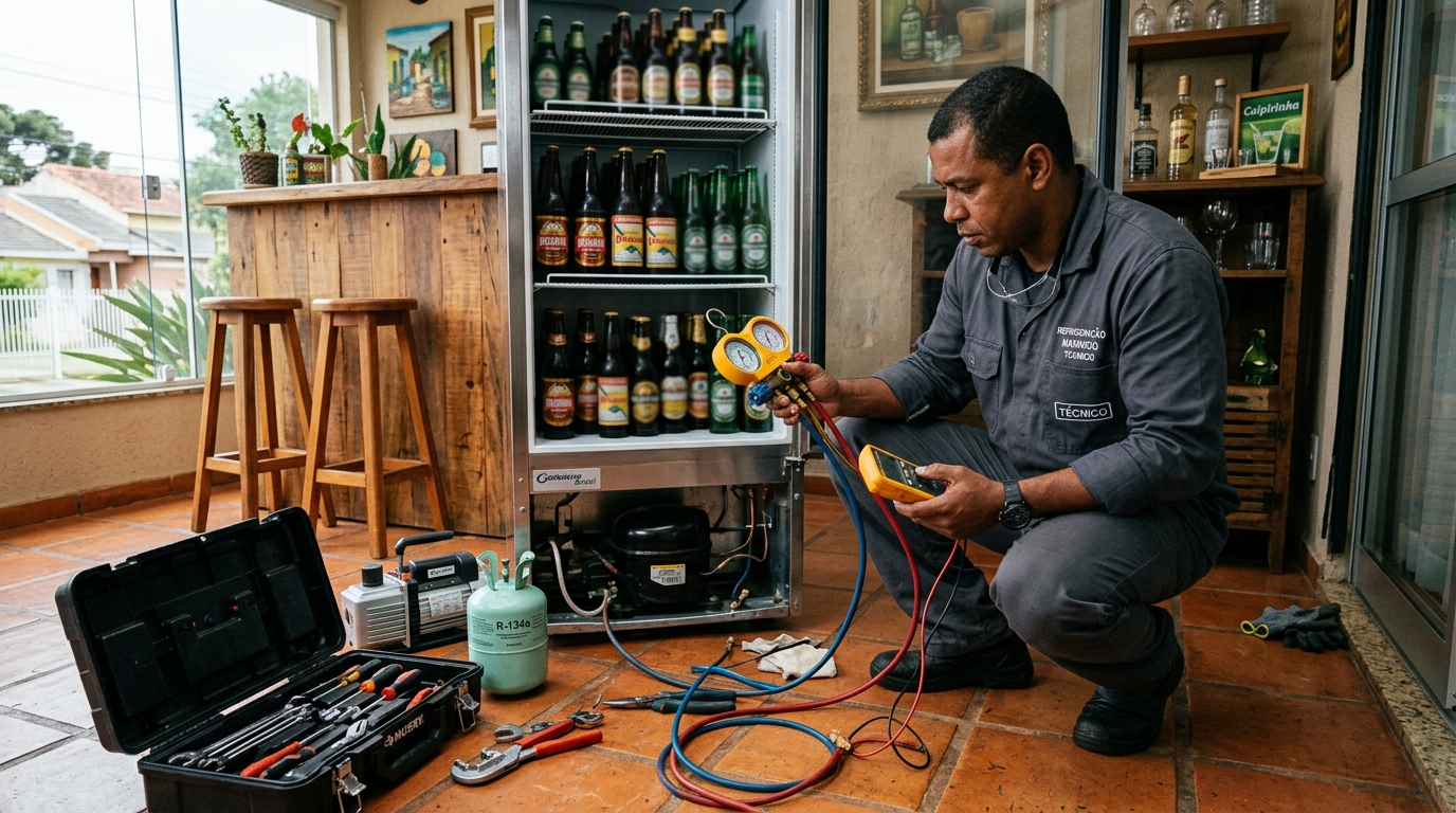 Profissional executando reparo no motor de cervejeira em Goiânia‑GO