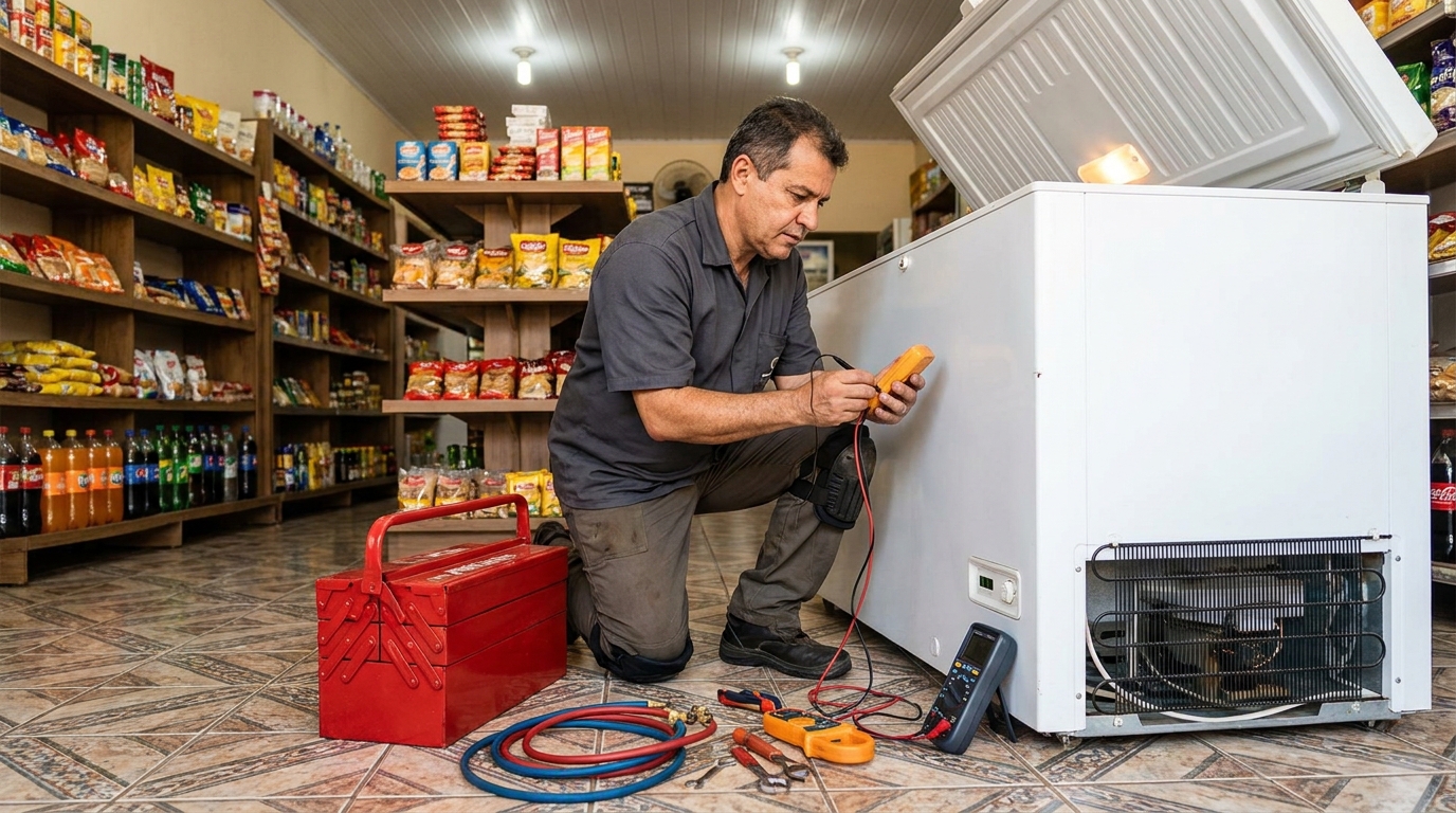Recarga de gás refrigerante no freezer durante atendimento em Goiânia‑GO